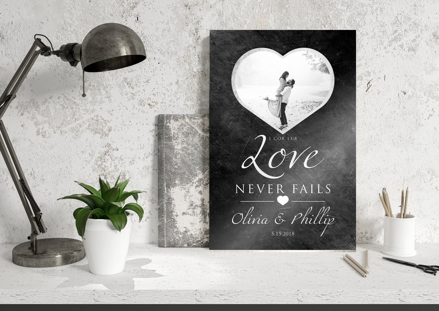"Love Never Fails" Distressed Metal Portrait Art - HoneycombProverbs - Gifts For The Couple - Tin Anniversary Gifts