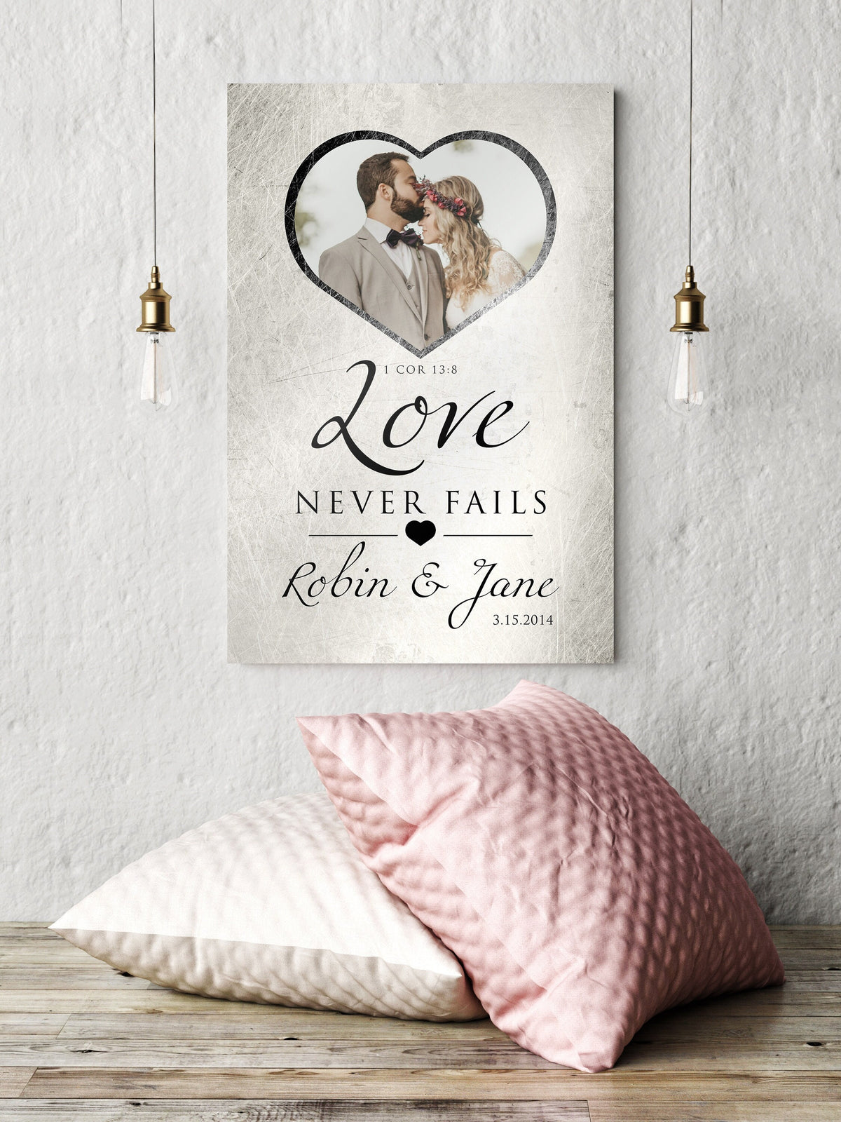 "Love Never Fails" Distressed Metal Portrait Art - HoneycombProverbs - Gifts For The Couple - Tin and Aluminum Gifts