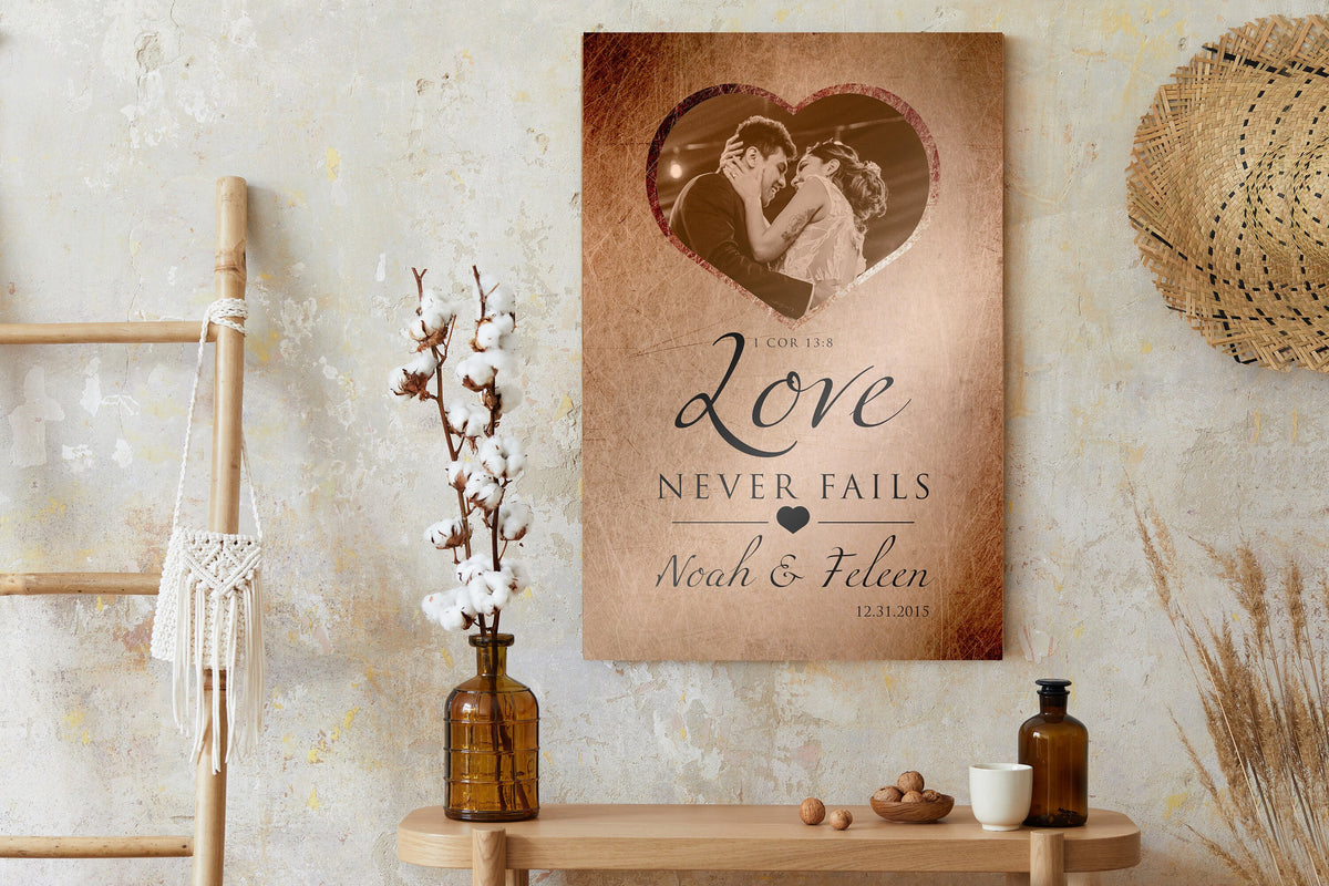 Love Never Fails Photo Sign, Personalized Anniversary plaque - HoneycombProverbs - Signs - Copper Anniversary Gifts