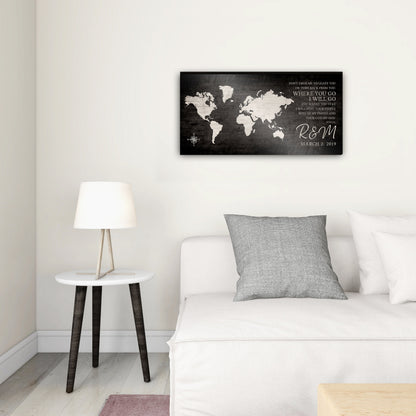Where You Go, I Will Go: Personalized World Map Art - HoneycombProverbs - Signs - 5 year anniversary gifts
