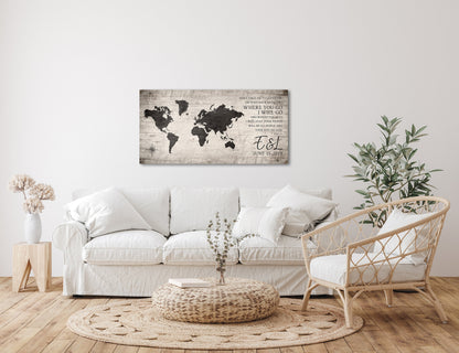 Where You Go, I Will Go: Personalized World Map Art - HoneycombProverbs - Signs - 5 year anniversary gifts