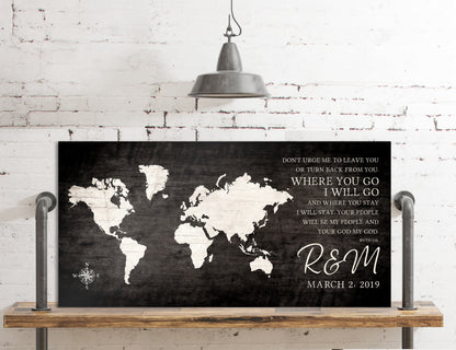 Where You Go, I Will Go: Personalized World Map Art - HoneycombProverbs - Signs - 5 year anniversary gifts