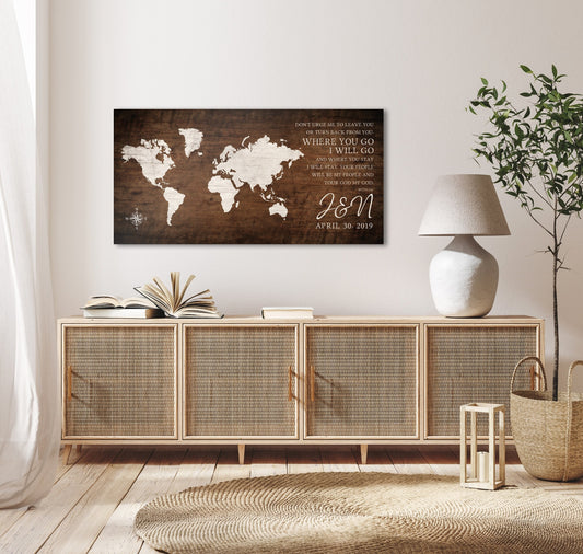 Where You Go, I Will Go: Personalized World Map Art - HoneycombProverbs - Signs - 5 year anniversary gifts