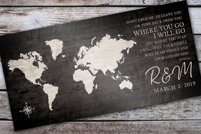 Where You Go, I Will Go: Personalized World Map Art - HoneycombProverbs - Signs - 5 year anniversary gifts