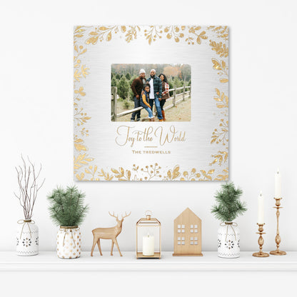 Personalized 'Joy to the World' Photo Art with Golden Leaf Design - HoneycombProverbs - Signs - Photo Plaques