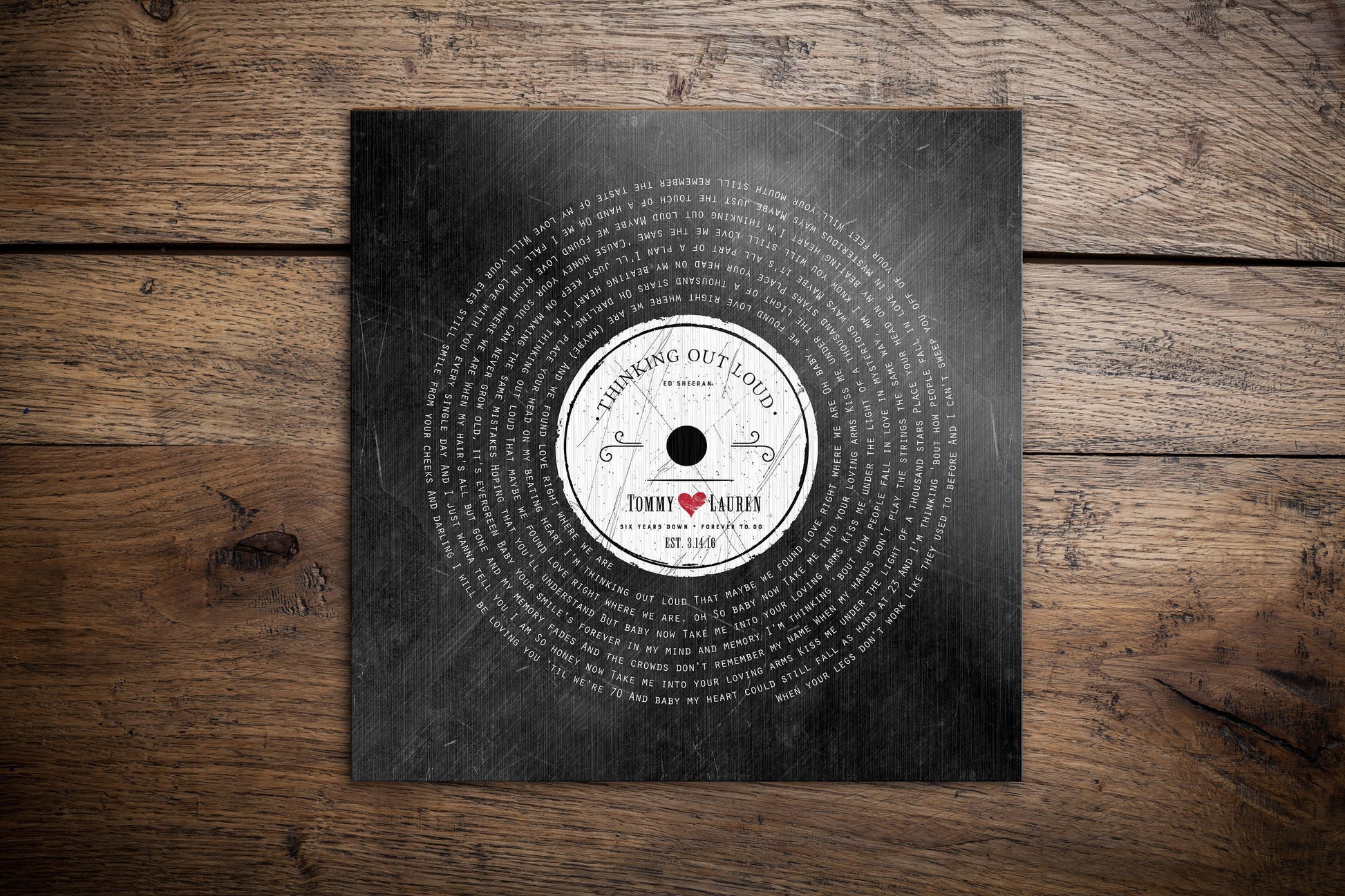 personalized iron anniversary gift, custom lyric sign, distressed record art, names and date with heart design, year iron anniversary gift for men, vinyl record art