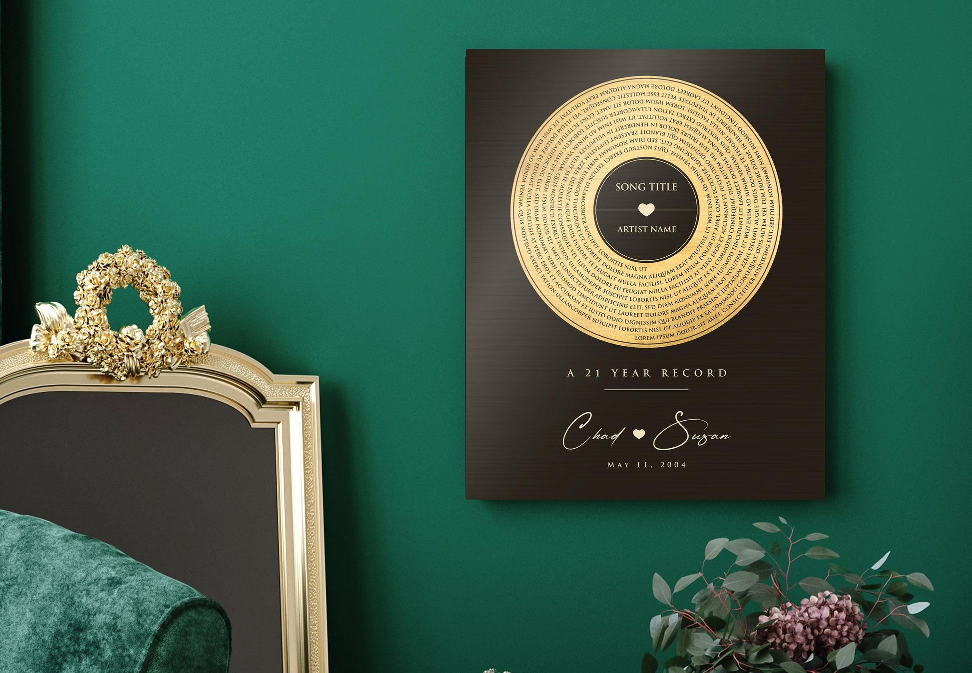 brass anniversary gift, spiral lyrics, personalized anniversary wall decor, vinyl record art, Gift for spouse, brass and tin sign, custom song art, favorite song gift