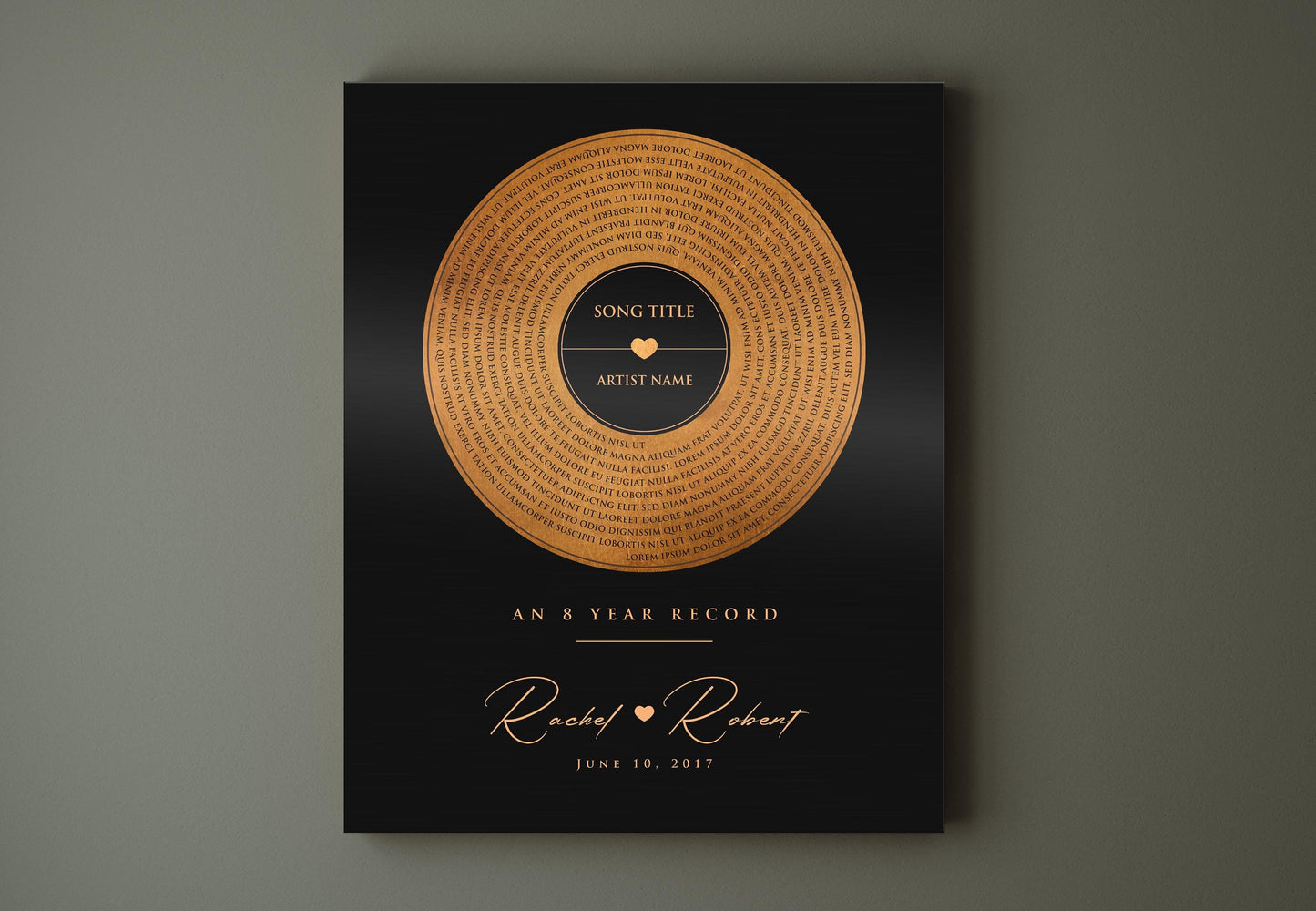 bronze anniversary gift, spiral lyrics, personalized anniversary wall decor, vinyl record art, Gift for spouse, bronze and tin sign, custom song art, favorite song gift