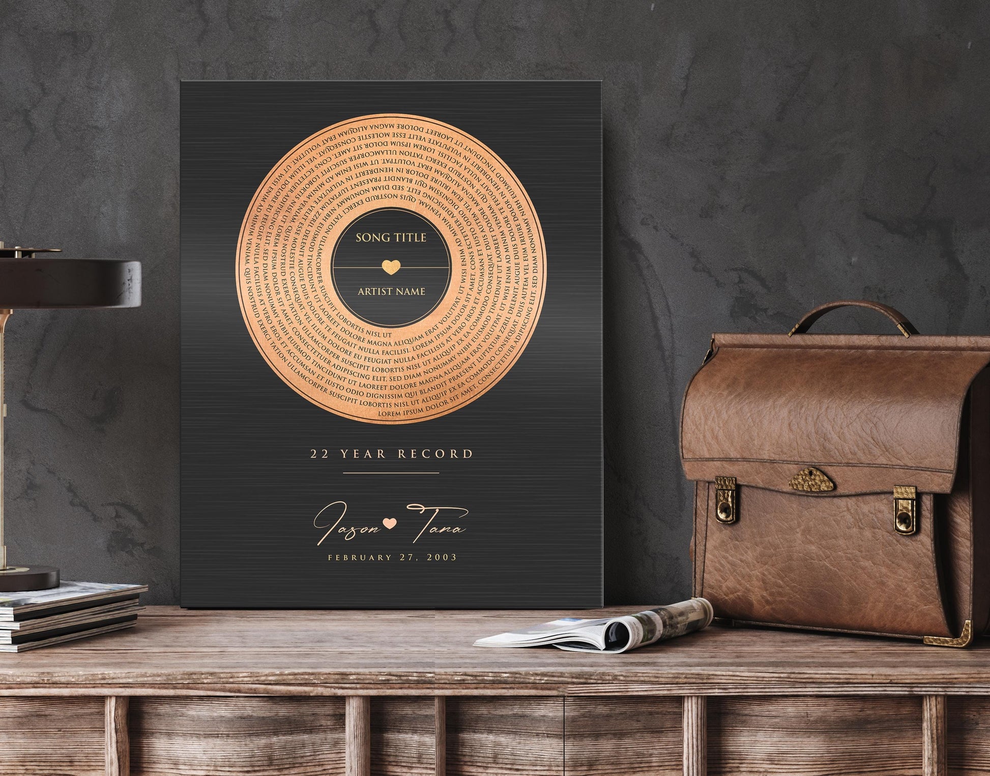 copper anniversary gift, spiral lyrics, personalized anniversary wall decor, vinyl record art, Gift for spouse, copper and tin sign, custom song art, favorite song gift