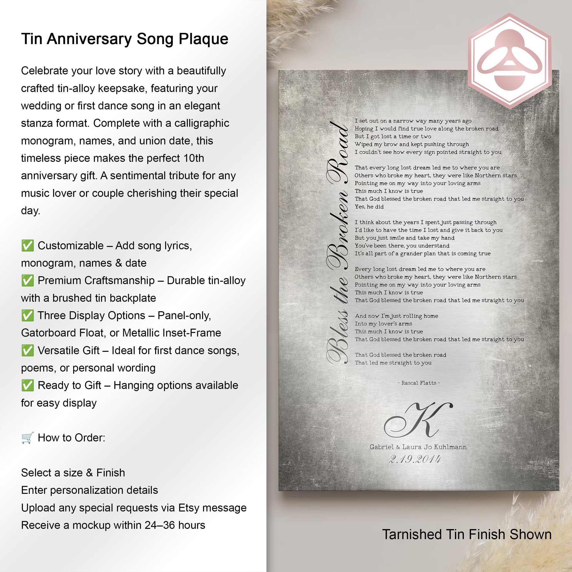 Wedding Song on Tin, Anniversary Tin Gift - HoneycombProverbs - Signs - Tin Anniversary Gifts