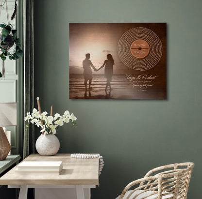 Custom Record Portrait on Bronze, Wedding Photo and Song Lyrics Wall Art, 8th Anniversary Gifts, Boyfriend Gift - HoneycombProverbs - Signs - Record Album Lyrics Art