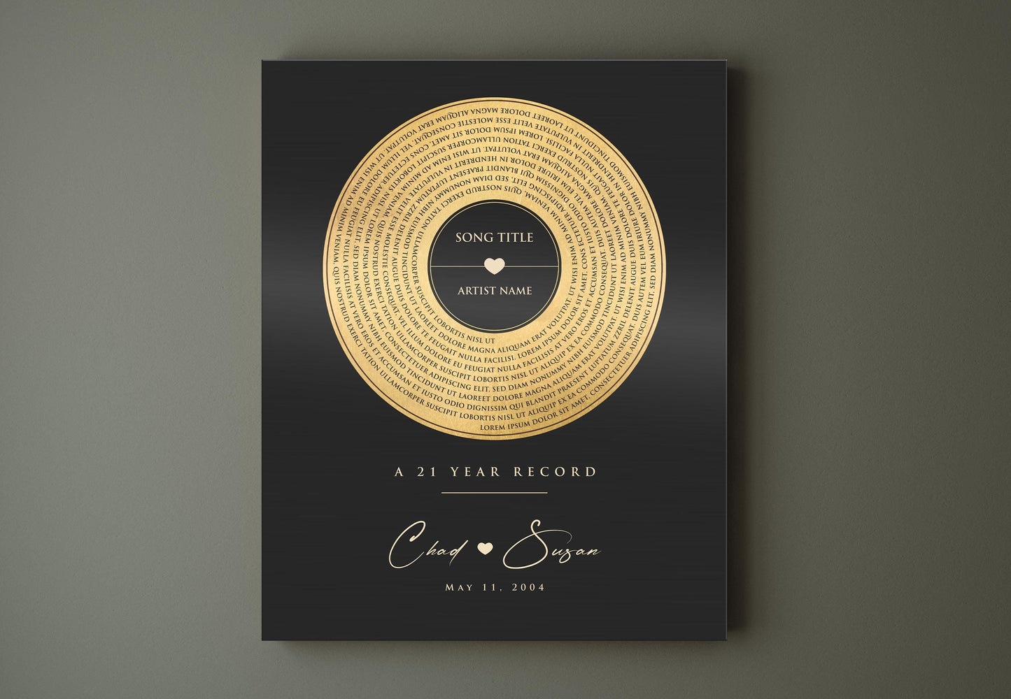 brass anniversary gift, spiral lyrics, personalized anniversary wall decor, vinyl record art, Gift for spouse, brass and tin sign, custom song art, favorite song gift