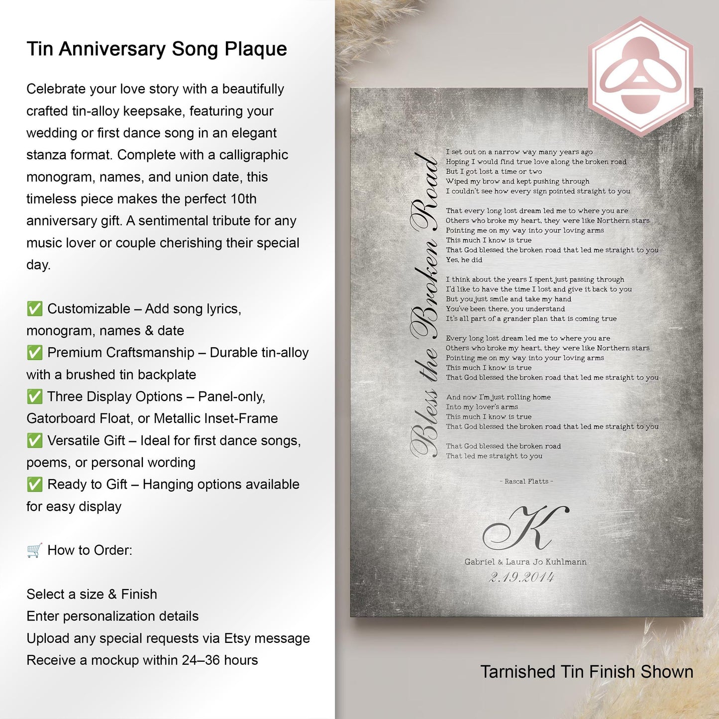 Our Song on Tin, Monogrammed Anniversary Gift - HoneycombProverbs - Signs - Vintage Lyrics Wall Art