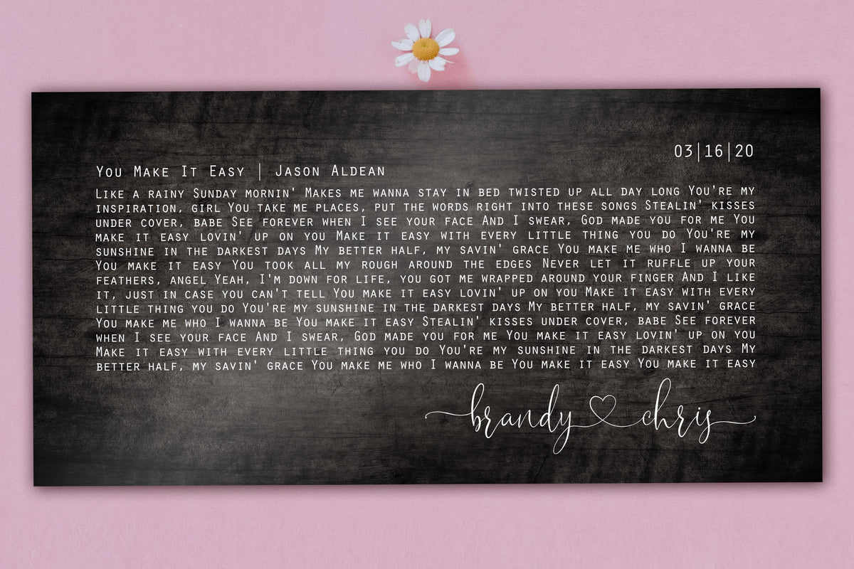 5th anniversary gift in the form of a wooden song plaque featuring a custom song and names and union date