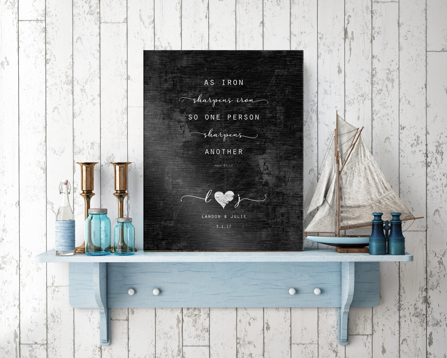Proverbs 27:17 couples plaque for iron theme anniversary gift. Couples initials and names with a heart give it a personalized touch. Also includes a union date - all sitting artistically below the scripture, "As iron sharpens iron, so one person sharpens another"