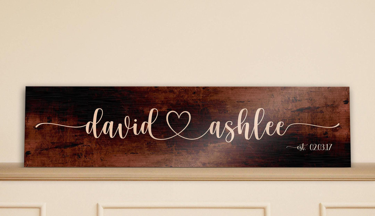 bronze anniversary gift for wife, name sign with heart between names in whimsical calligraphy