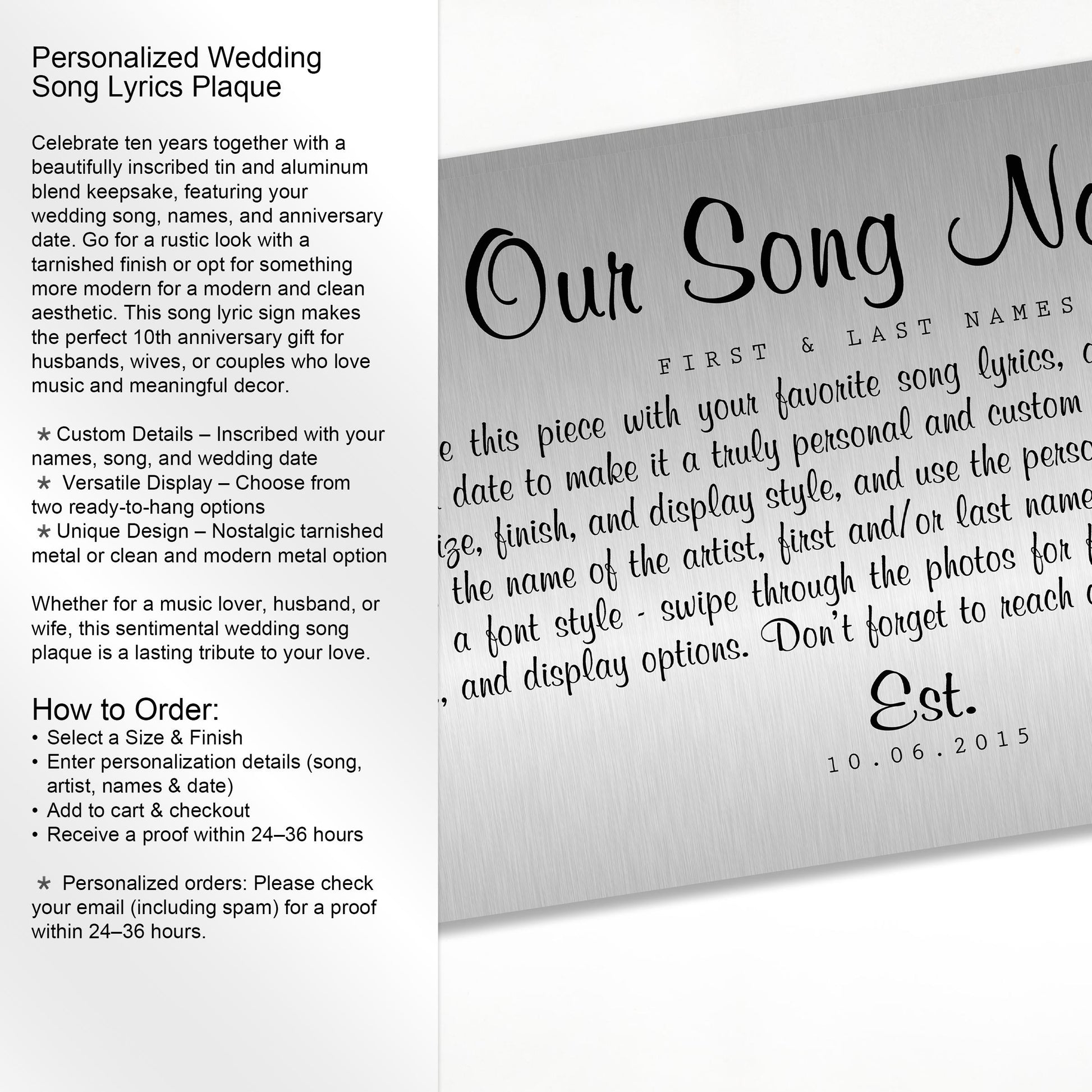 Custom Song Lyric Metal Art: 10th Anniversary Tin Gift - HoneycombProverbs - Signs - Modern Lyrics Wall Decor