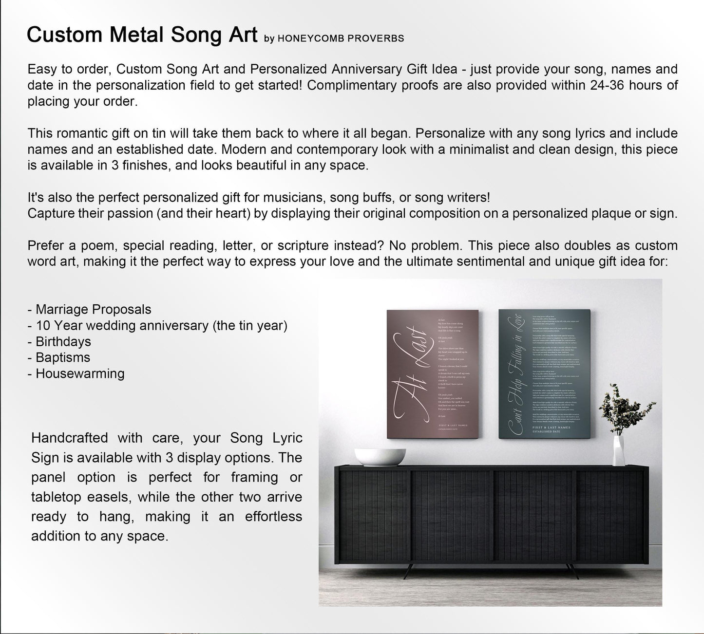 Custom Song Lyrics Tin Art, Personalized Anniversary Gift - HoneycombProverbs - Signs - Tin and Aluminum Gifts