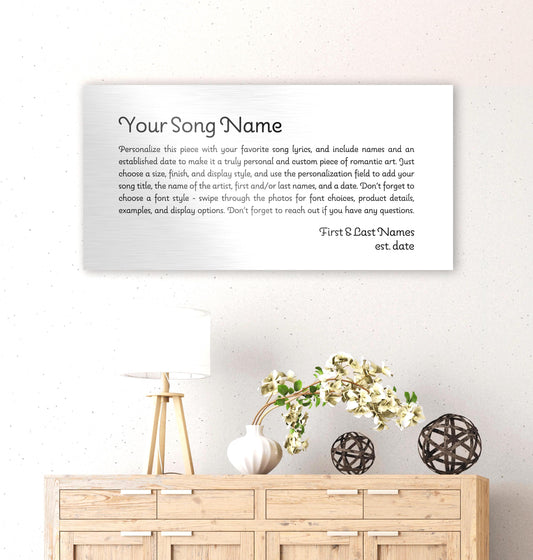 metal sign with custom lyrics, song lyrics art on metal, available in a horizontal orientation includes personalization with names and date if desired.