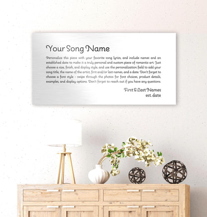 metal sign with custom lyrics, song lyrics art on metal, available in a horizontal orientation includes personalization with names and date if desired.