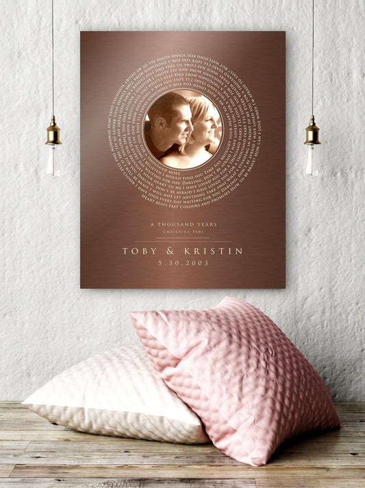 A a beautifully crafted bronze-alloy keepsake, personalized with your favorite photo, song, names, and date.