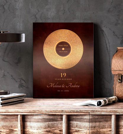 Bronze song record art with custom lyrics in a vinyl record design, shown on a wooden desk, 8th anniversary bronze