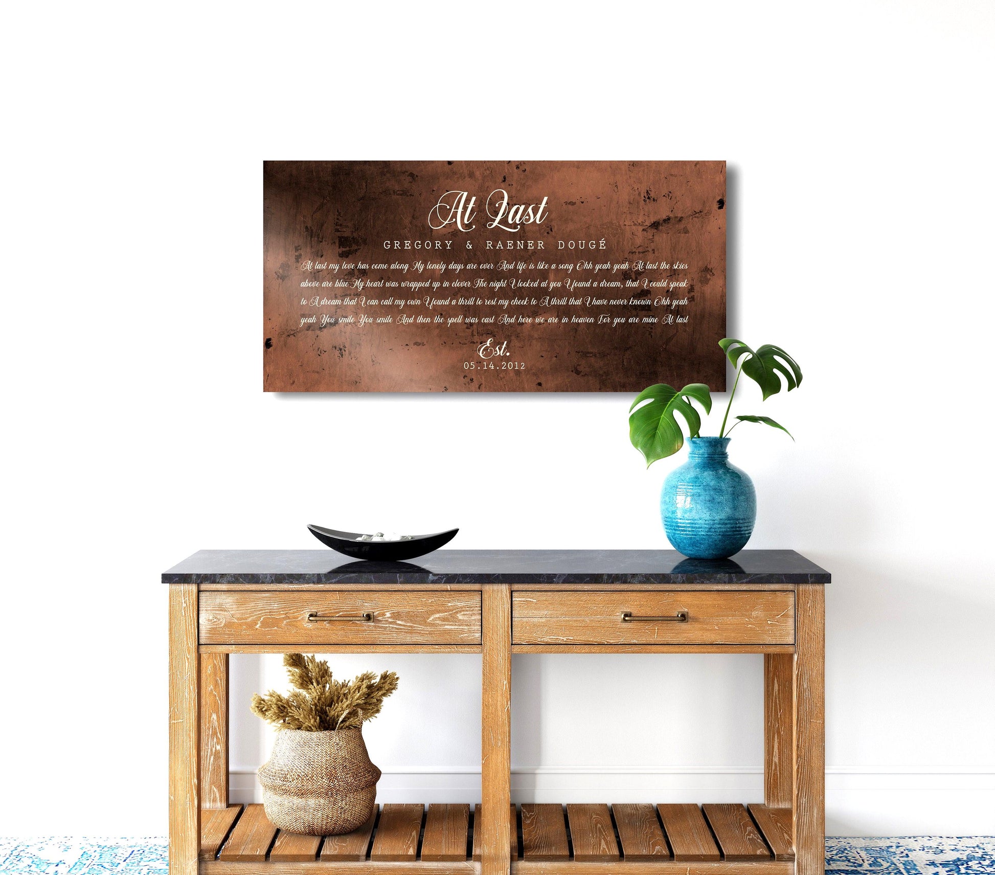 our wedding song on bronze, custom metal song lyric art featuring couples first dance or favorite song lyrics, names and established date. Inscribed on burnished bronze, perfect for bronze anniversary years like 8th wedding anniversaries and the 19th wedding anniversary. Made to order, large sign featured,  and plaque sizes available.