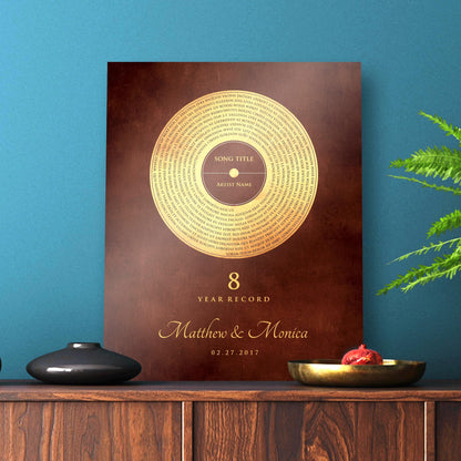 Custom Bronze Anniversary Record Art: Personalized Song Lyrics Gift, alternate angle, 8th anniversary bronze