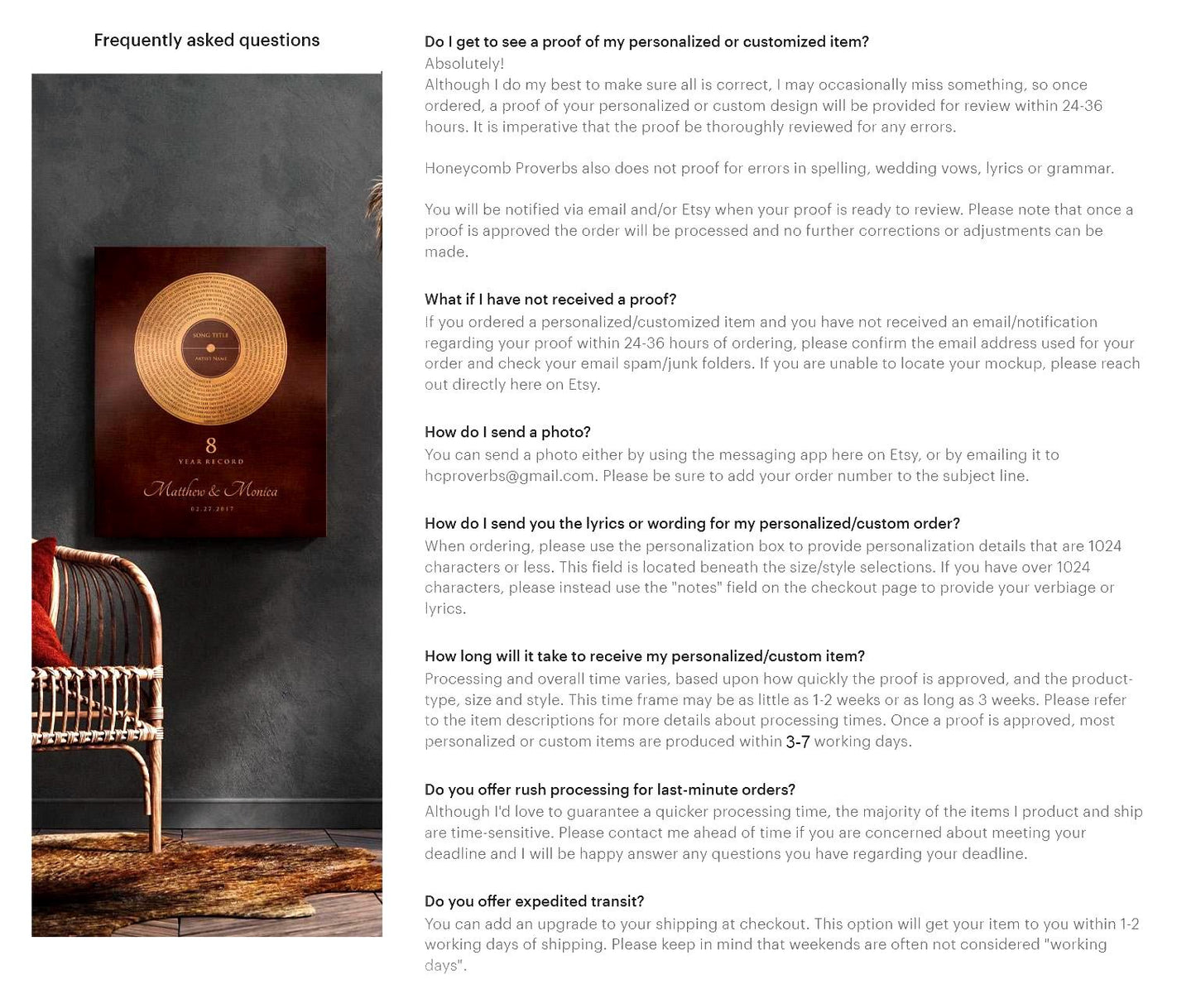 Custom Bronze Anniversary Record Art: Personalized Song Lyrics Gift - HoneycombProverbs - Signs - Record Album Lyrics Art