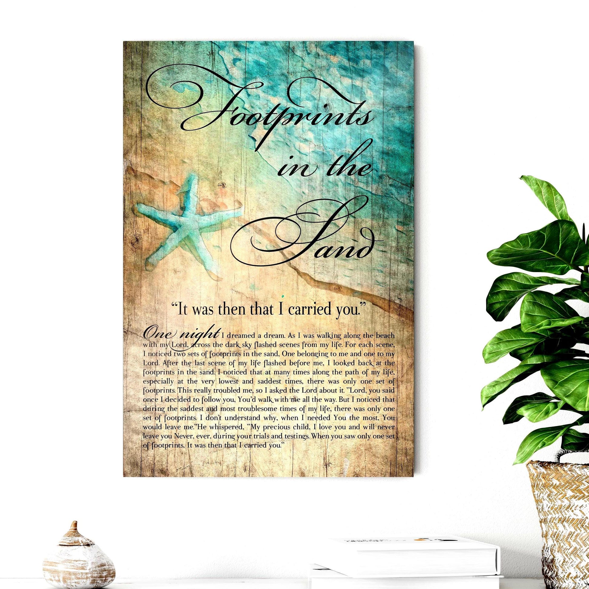 Footprints in the Sand, Watercolor Word art on Wood - HoneycombProverbs - Signs - Christian Wall Art