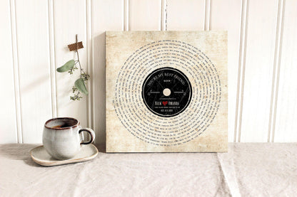 Retro vinyl record song lyrics canvas with a couple's names and established date, a 2nd anniversary cotton gift