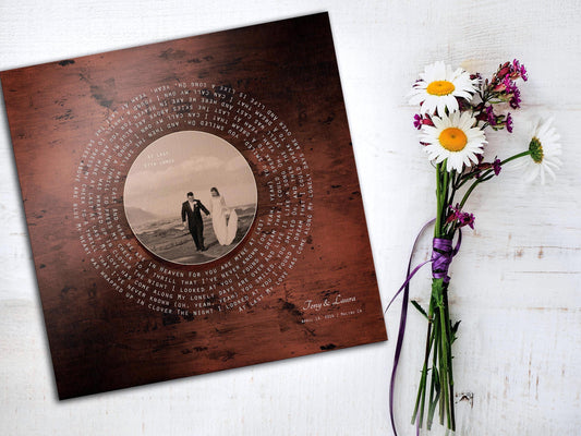 Custom bronze personalized anniversary gift decor. A portrait plaque with a song record theme featuring song lyrics around a circular photo. The photo is the record label and the lyrics spiral around the photo to create the illusion of a vinyl record