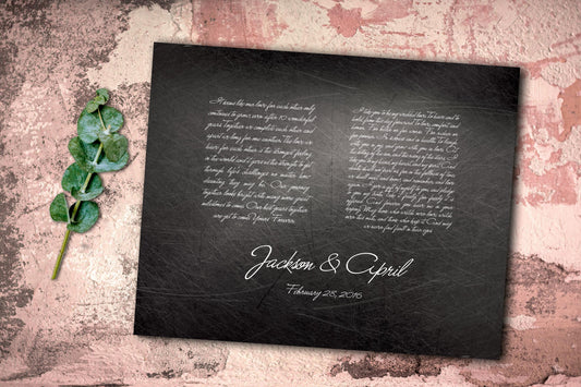 Distressed metal plaque with wedding vows.