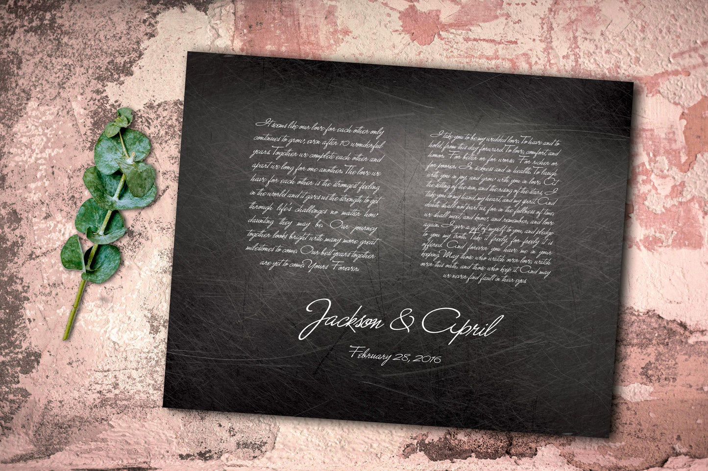 Distressed metal plaque with wedding vows.