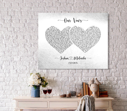 Tin wedding vow plaque above a desk, vows shaped into two hearts with the couple's names and date, 10th anniversary tin