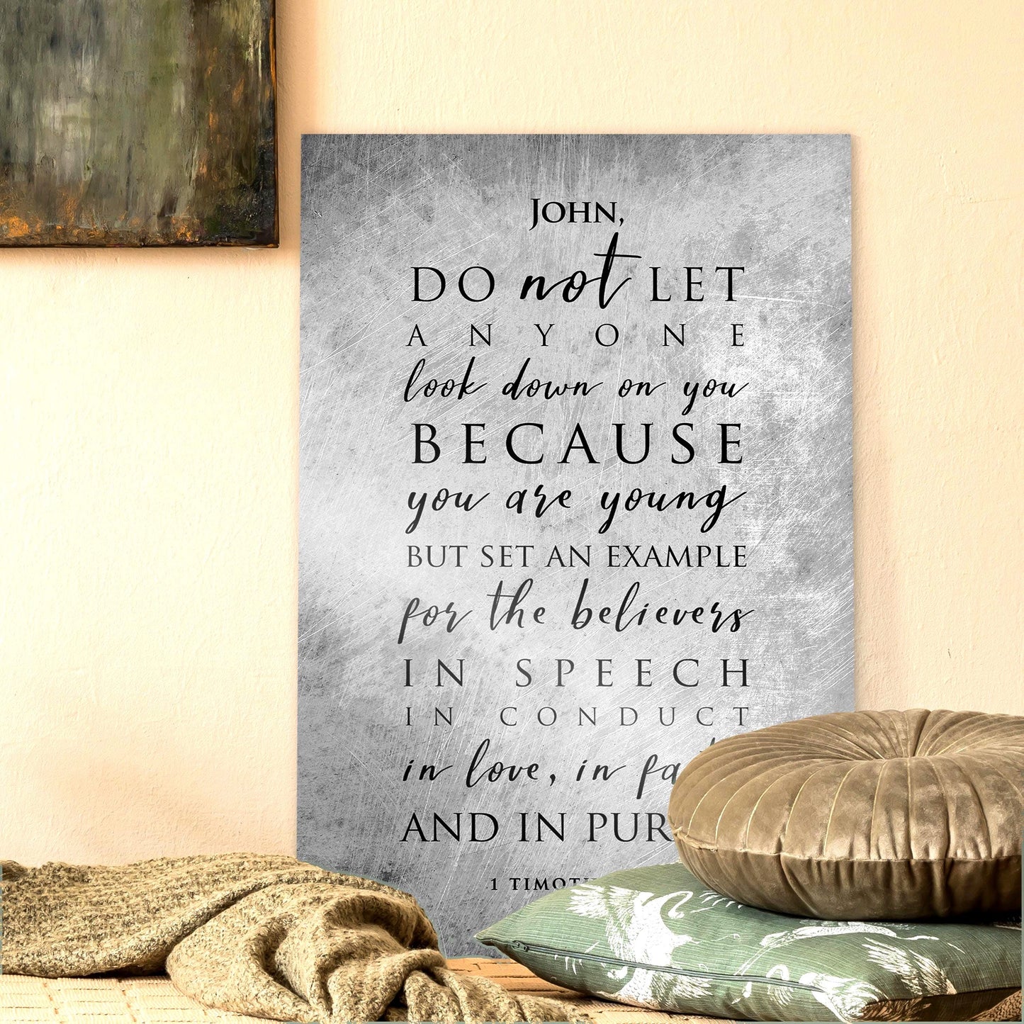 Personalized Metal Christian wall art featuring 1 Timothy 4:12 in black typographic lettering. Industrial and grunge style.

Courtesy of Honeycomb Proverbs