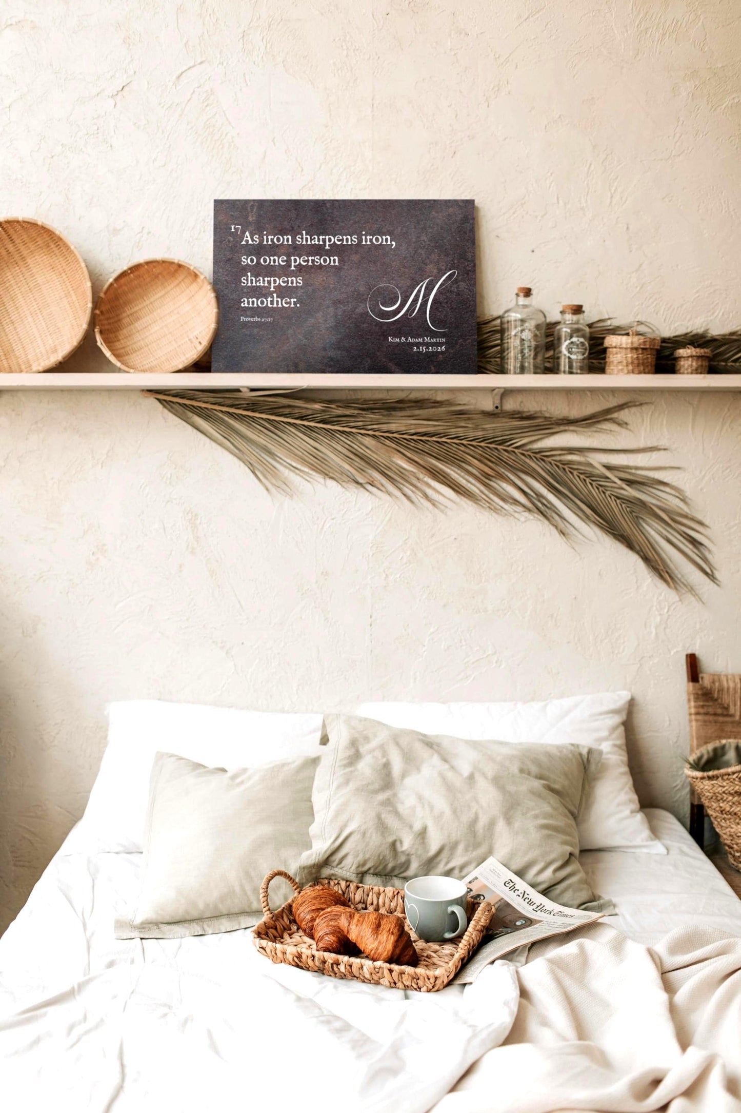 A rustic metal plaque in a rust-cast-iron finish with the words, "As iron sharpens iron, so one person sharpens another." inscribed and personalized with a monogram, a bride and groom's names and their union date.

Photo courtesy of Honeycomb Proverbs