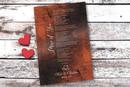 Couples song lyrics wall decor, perfect for Valentines day with it's heart motif or as a traditional bronze anniversary gift. Featured bronze song plaque has inscriptions including a couple's names and union date, as well as their first dance as husband and wife, song lyrics. This piece is created on burnished bronze metal and pairs a whimsical calligraphy with a delicate formal print-style font.

Photo courtesy of Honeycomb Proverbs