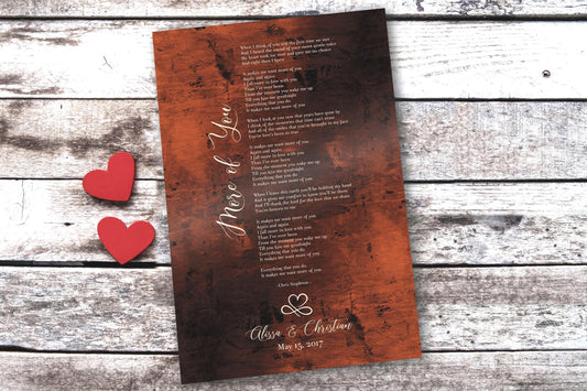 Couples song lyrics wall decor, perfect for Valentines day with it's heart motif or as a traditional bronze anniversary gift. Featured bronze song plaque has inscriptions including a couple's names and union date, as well as their first dance as husband and wife, song lyrics. This piece is created on burnished bronze metal and pairs a whimsical calligraphy with a delicate formal print-style font.

Photo courtesy of Honeycomb Proverbs