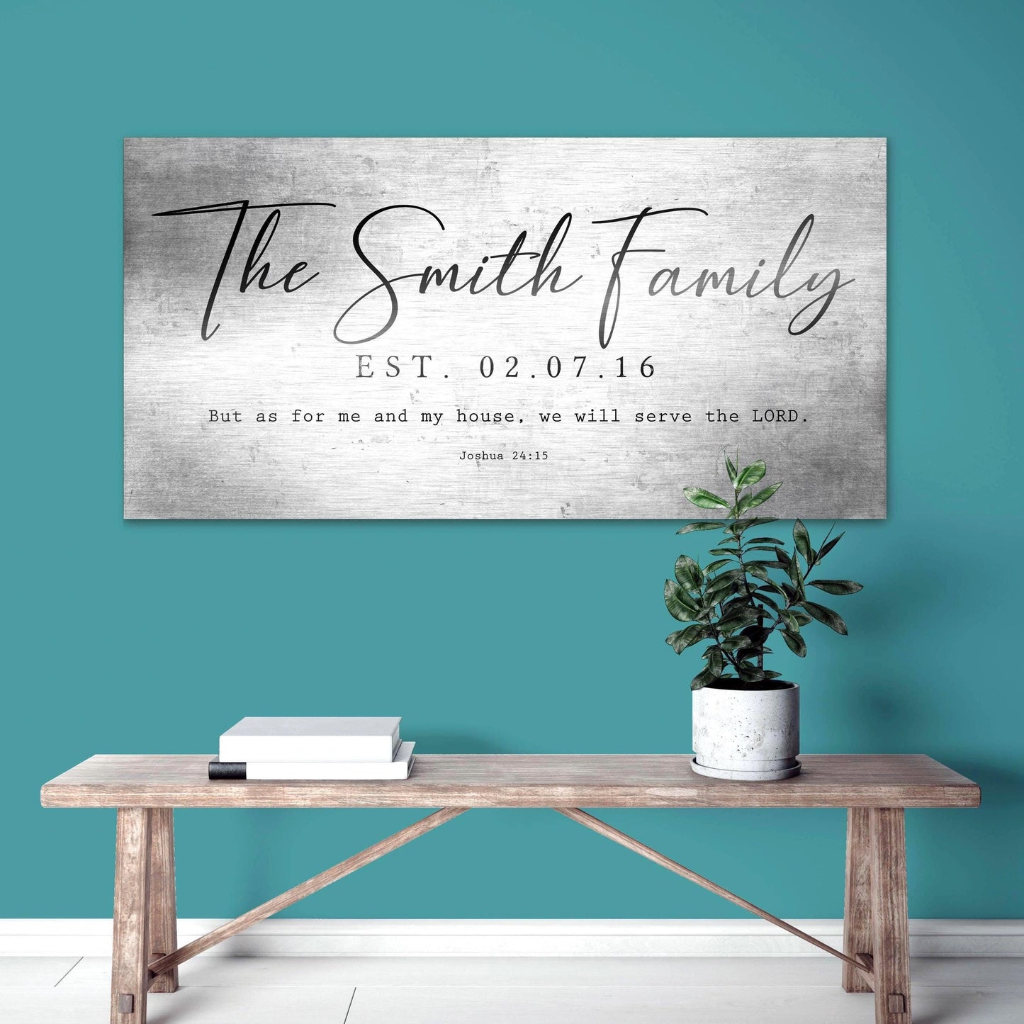 Featured: "As for me and my house, we will serve the Lord" The Joshua 24:15 Christian family name sign. This vintage and rustic metal art is produced on a tarnished-tin silver finish and is hanging on a patina blue wall above a wooden bench. This unique piece is customized with a family last name - prominently placed center-top - and an established name sits below. "As for me and my house, we will serve the Lord" is inscribed at the bottom of the sign.