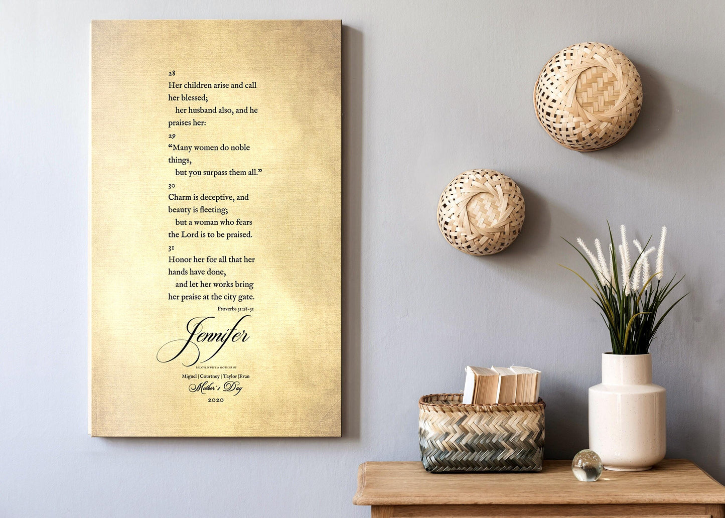 Fine art Christian Canvas features Proverbs 31 excerpts and is personalizable.
Canvas shown is personalized for Jennifer as a Mother's day gift. Canvas print is a reproduction of vintage parchment and the inscription is applied in a vintage typewriter font, and the personalization is applied in an elegant script.

Photo courtesy of Honeycomb Proverbs