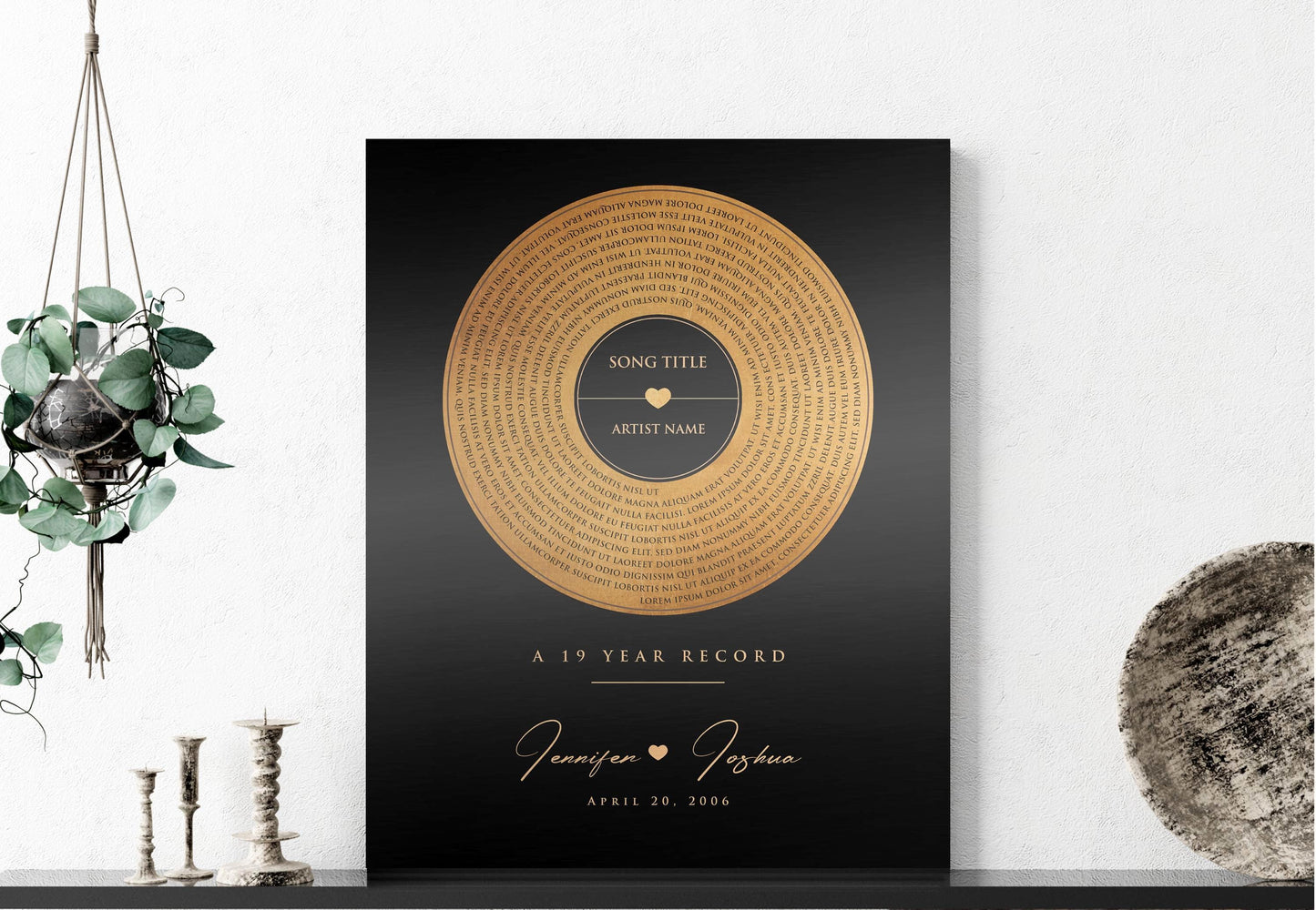 bronze anniversary gift, spiral lyrics, personalized anniversary wall decor, vinyl record art, Gift for spouse, bronze and tin sign, custom song art, favorite song gift