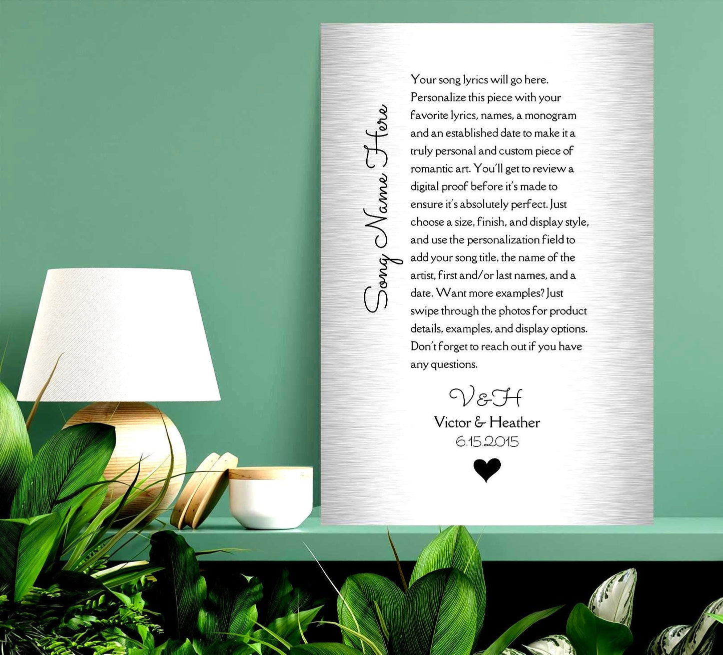love song custom song lyrics plaque on tin, a modern silver plaque or sign featuring any song lyrics, and personalized with names, an established date, and finished with a delicate heart accent.