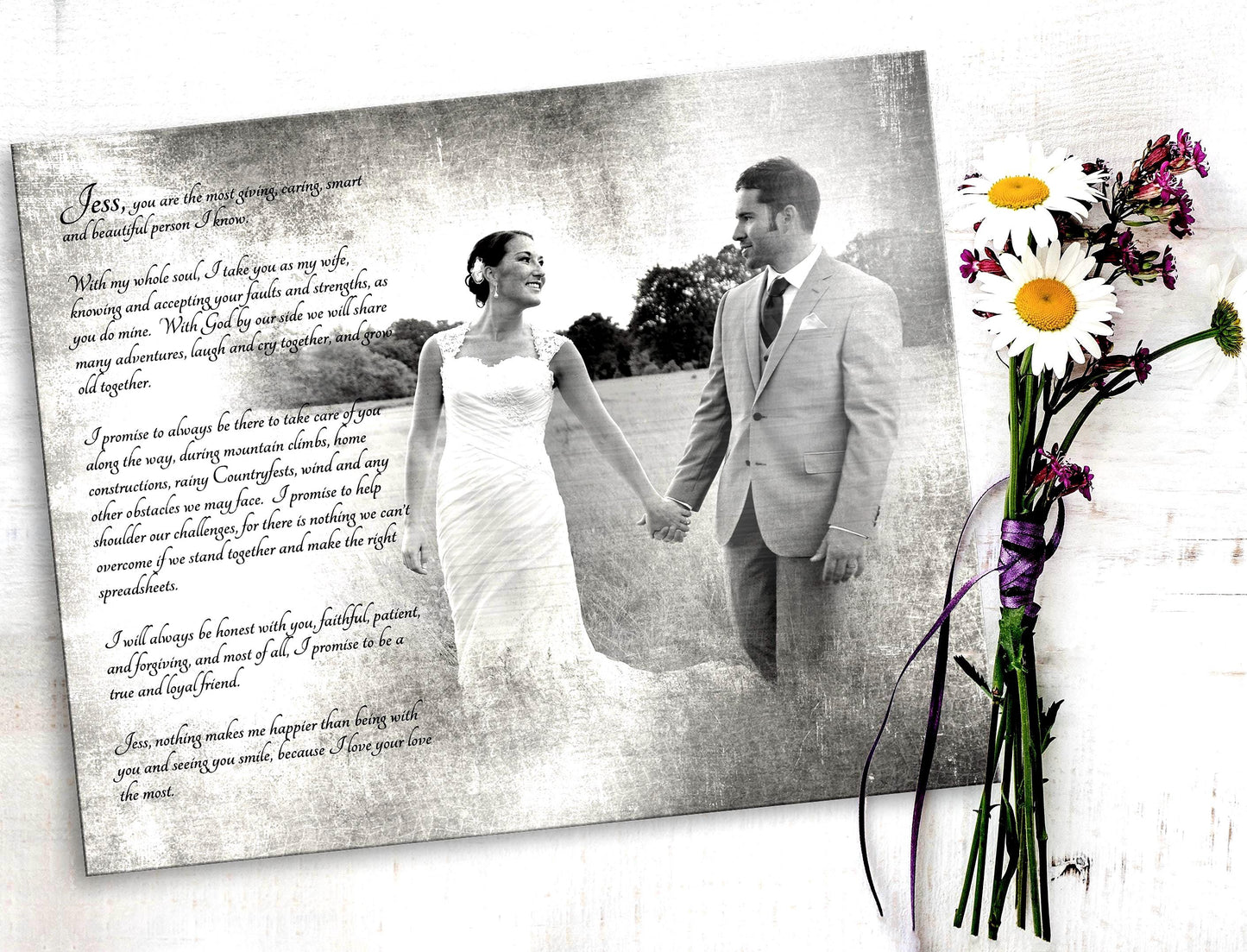 Vintage silver tin photo portrait on distressed metal.an anniversary gift for wife. This piece features the groom's vows in a delicate calligraphy offset from the photo sentimental and romantic tin or silver anniversary gift.