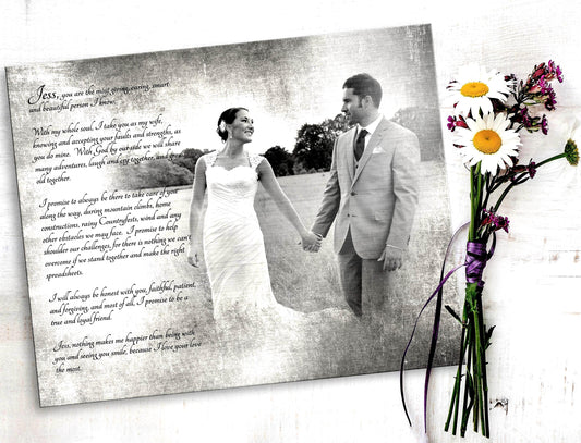 Vintage silver tin photo portrait on distressed metal.an anniversary gift for wife. This piece features the groom's vows in a delicate calligraphy offset from the photo sentimental and romantic tin or silver anniversary gift.