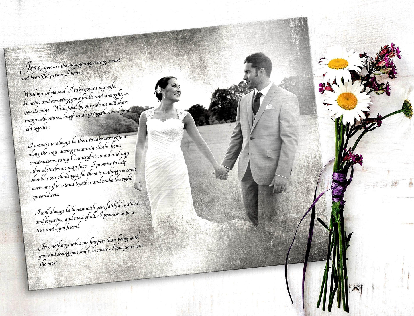 Vintage silver tin photo portrait on distressed metal.an anniversary gift for wife. This piece features the groom's vows in a delicate calligraphy offset from the photo sentimental and romantic tin or silver anniversary gift.
