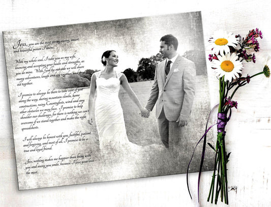 Vintage silver tin photo portrait on distressed metal.an anniversary gift for wife. This piece features the groom's vows in a delicate calligraphy offset from the photo sentimental and romantic tin or silver anniversary gift.