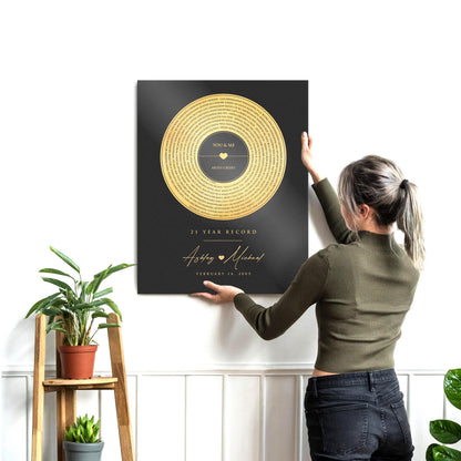 Brass song record art with custom lyrics, "21 Year Record," names Ashley and Michael joined by a heart and wedding date
