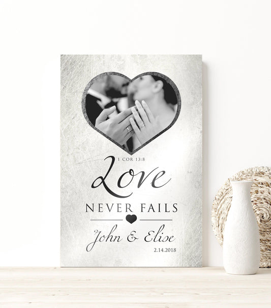 "Love Never Fails" Distressed Metal Portrait Art - HoneycombProverbs - Gifts For The Couple - Tin and Aluminum Gifts