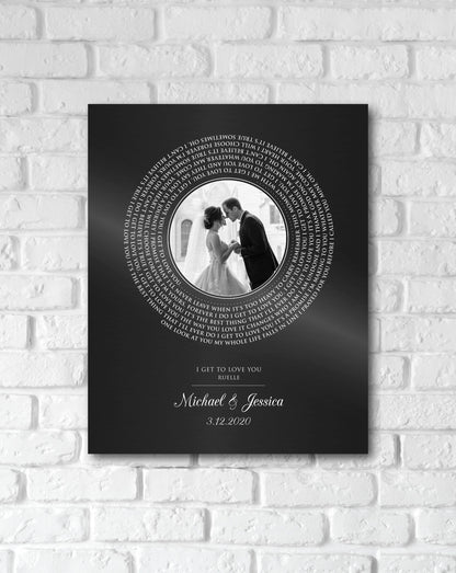 Iron photo record plaque with a round wedding portrait label, lyrics, names Michael and Jessica and date, 6th anniversary